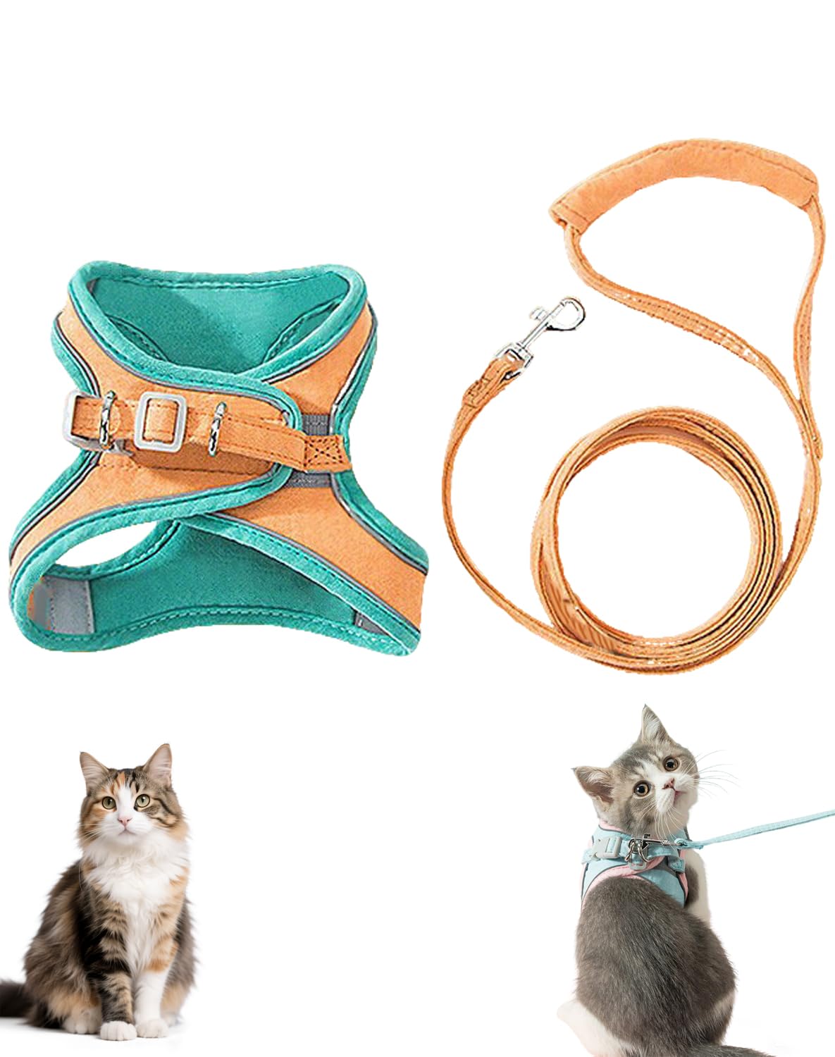 Pawras Escape-Proof Cat Harness Leash, Pawras Cat Harness,With Leash, Metal Ring, Lightweight Soft, Reflective Adjustable Soft Vest for Small Cat Walking (Green, XXL)