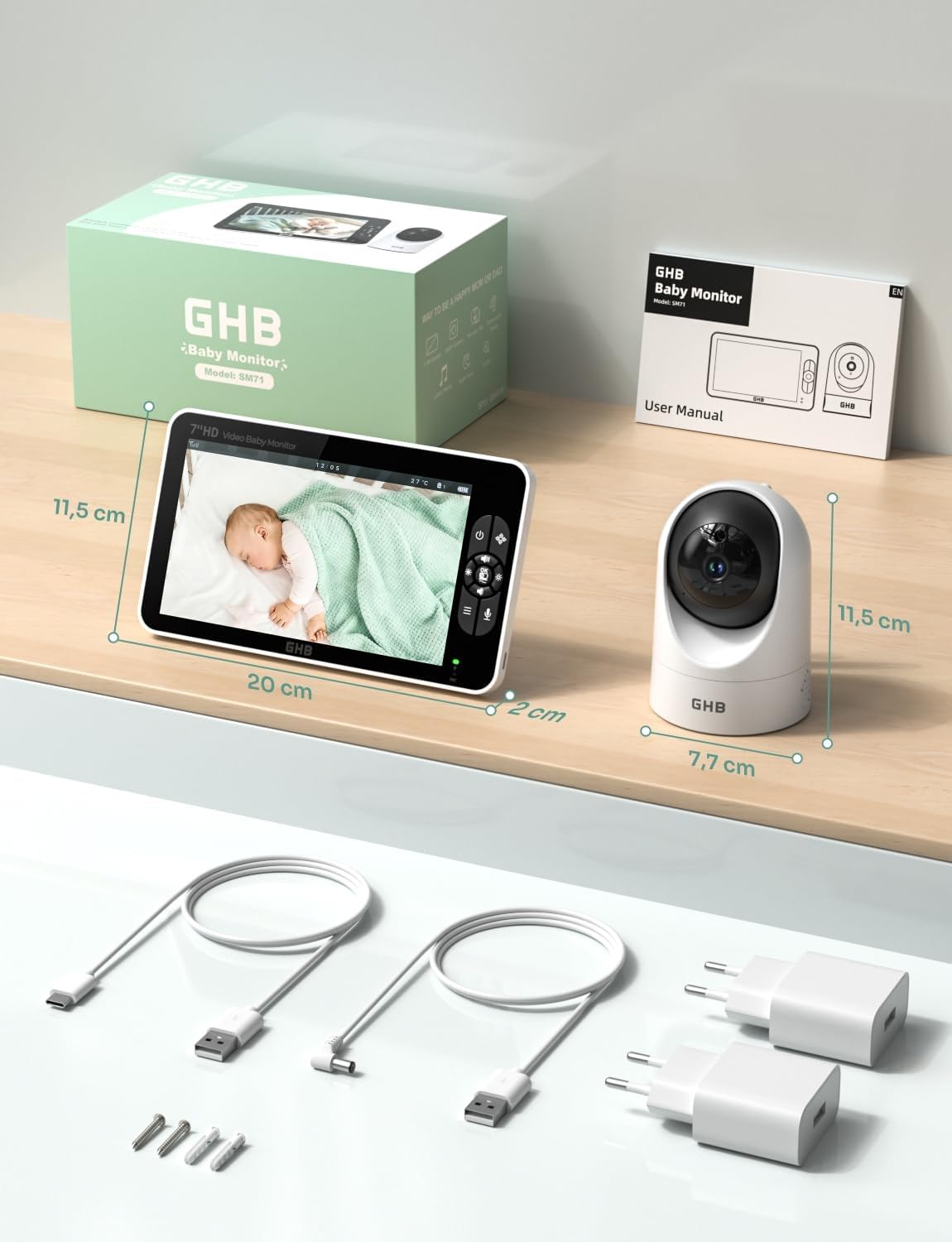 GHB Babyphone Cémera 7" 1080P Caméra Bebe Surveillance 350° Rotation Écran IPS HD Mode VOX 168H Autonomie de la Batterie Audio Bidirectionnel Alerte de Température 8 Berceuses
