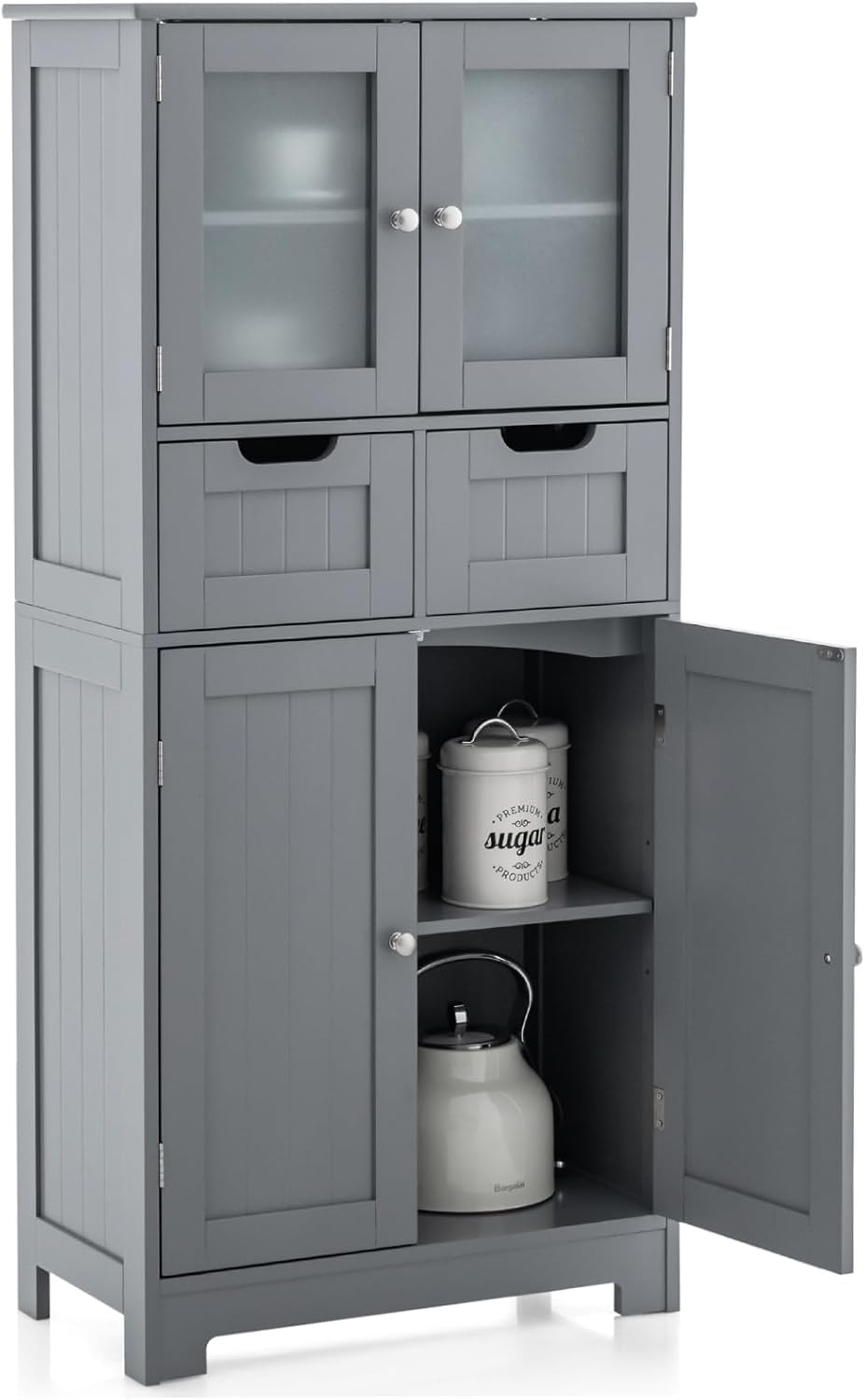 GOFLAME Bathroom Floor Cabinet, Storage Organizer with Glass Doors, Wooden Kitchen Cupboard with Adjustable Shelf for Living Room, Grey