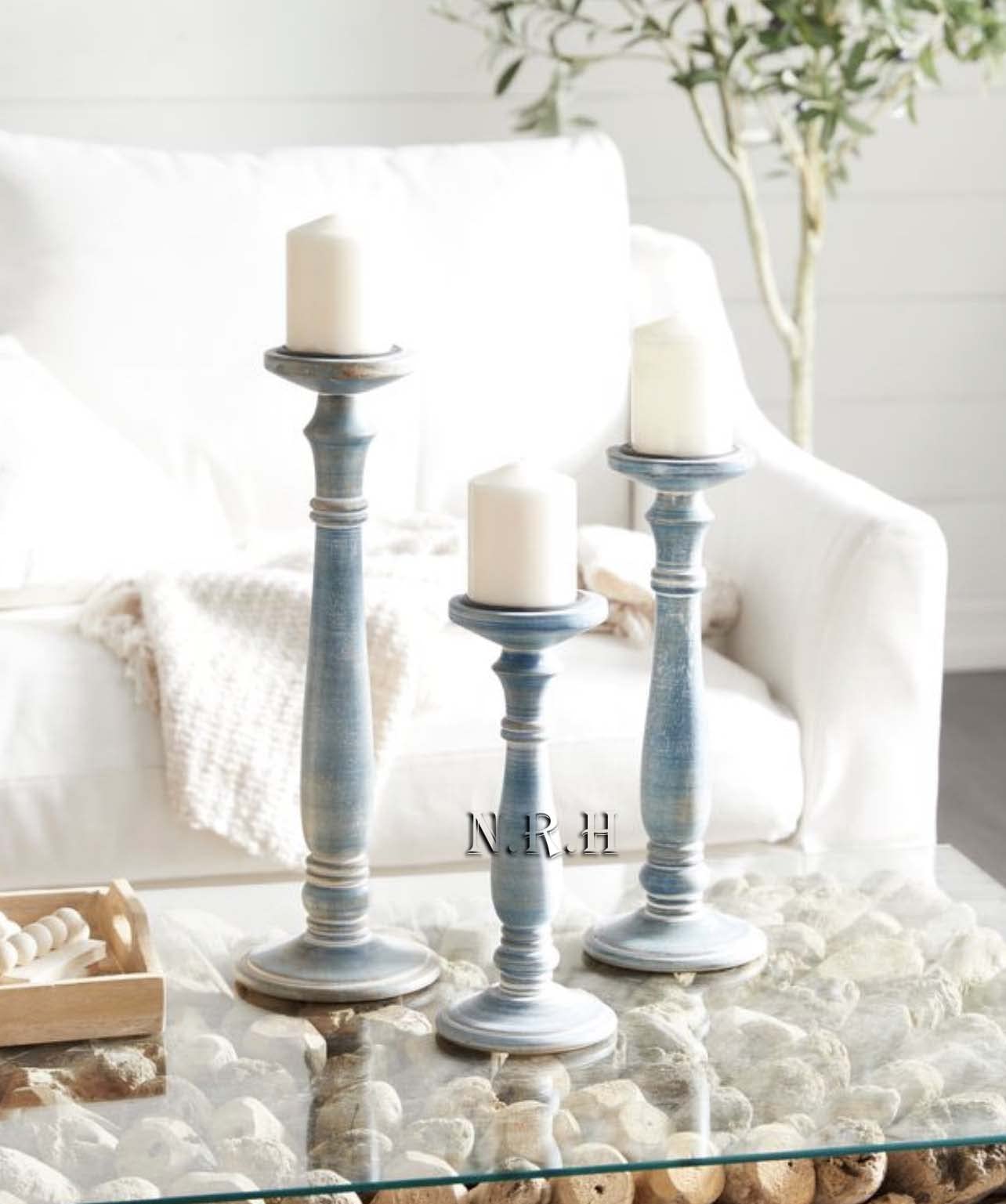 Farmhouse Candle Holders (Wooden | Set of 3) for Pillar Candles, Turquoise Blue Distressed Finish for Rustic, Vintage, and Antique Style Interior Designs