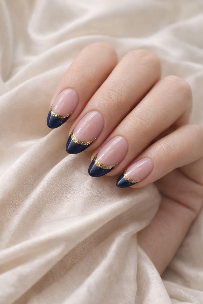 HariPrabodham 12 Pcs French Tip Press On Nails, Navy Blue & Gold Glitter Almond Shape Fake Nails, Glossy Nude Base Stick On Nails, Reusable Acrylic Artificial Nails for Women, Salon Finish-image-29