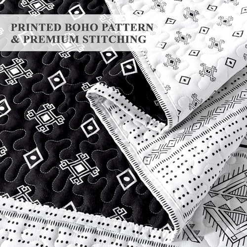 Image of Andency Black White King Size Quilt Set, 3 Pieces Boho Lightweight Soft Striped Bedspread for All Season (106 inchx96 inch), Printed Bohemian Polyester Reversible Coverlet Comforter Sets