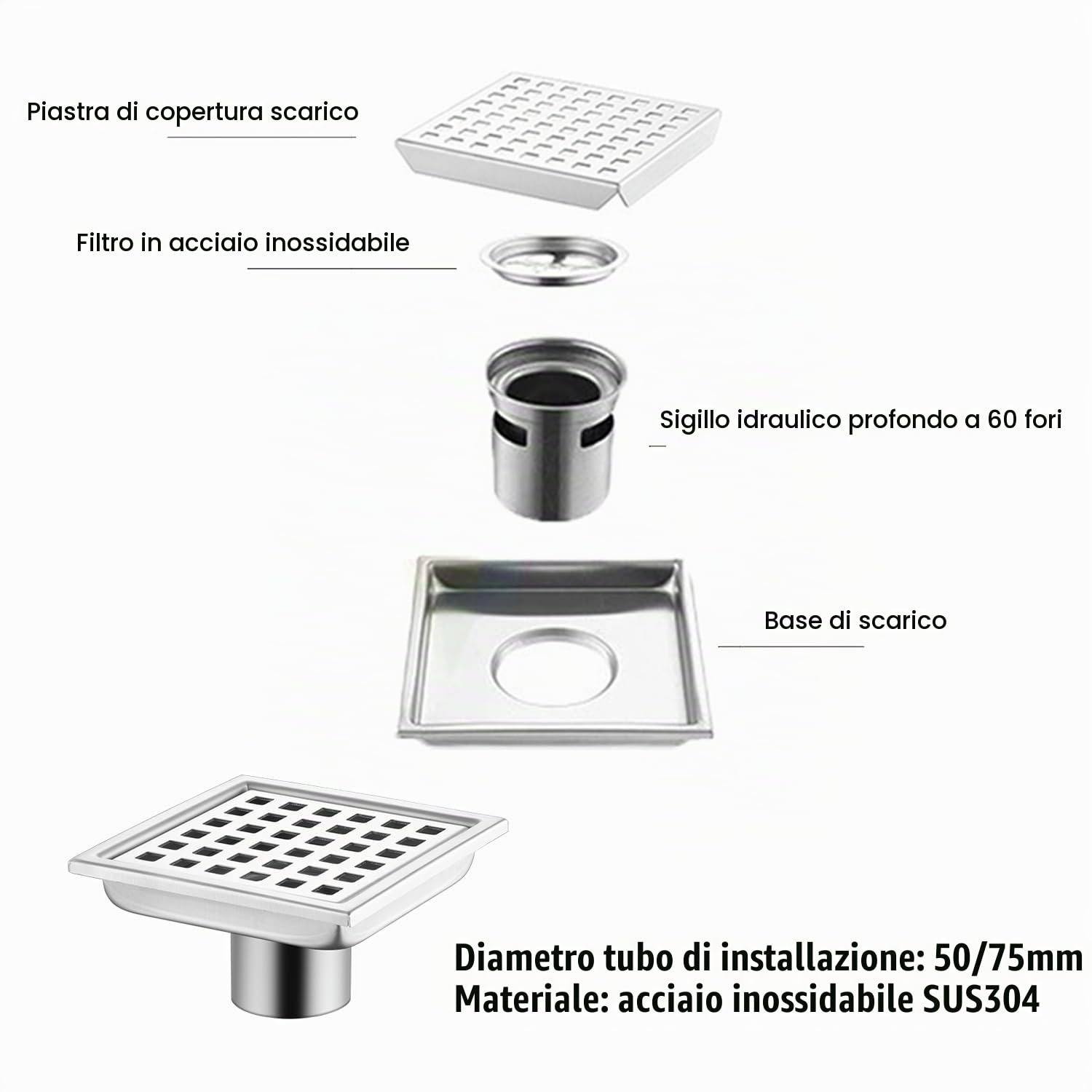 Canalina per doccia quadrata, 15 x 15 cm, sifone 360° con filtro antiodore e filtro capelli, 2 in 1, pinza in acciaio inox, per bagno, cantina, interni ed esterni