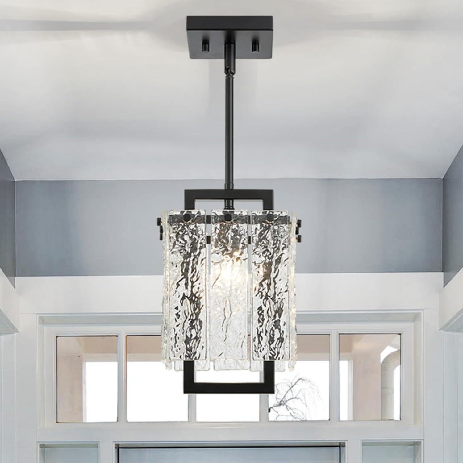 Shrine Lighting Black Chandeliers, Modern Glass Pendnat Light for Dining Room, D6.3''×H19.5'', Adjustable 50.8'', 1 x E12 Sockets, Glass LampShade & Black Finish Frame