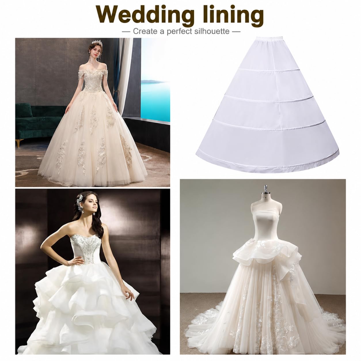 Reifrock Brautkleid - Damen 4 Reifen Petticoats A-Linie Bodenlang Unterrock Crinoline für Hochzeit Ballkleid Weiß