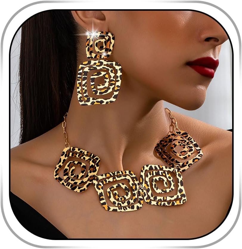 Leopard Print Necklace and Earrings Gold Geometric Necklace Set African Statement Earring Vintage Chunky Choker for Women