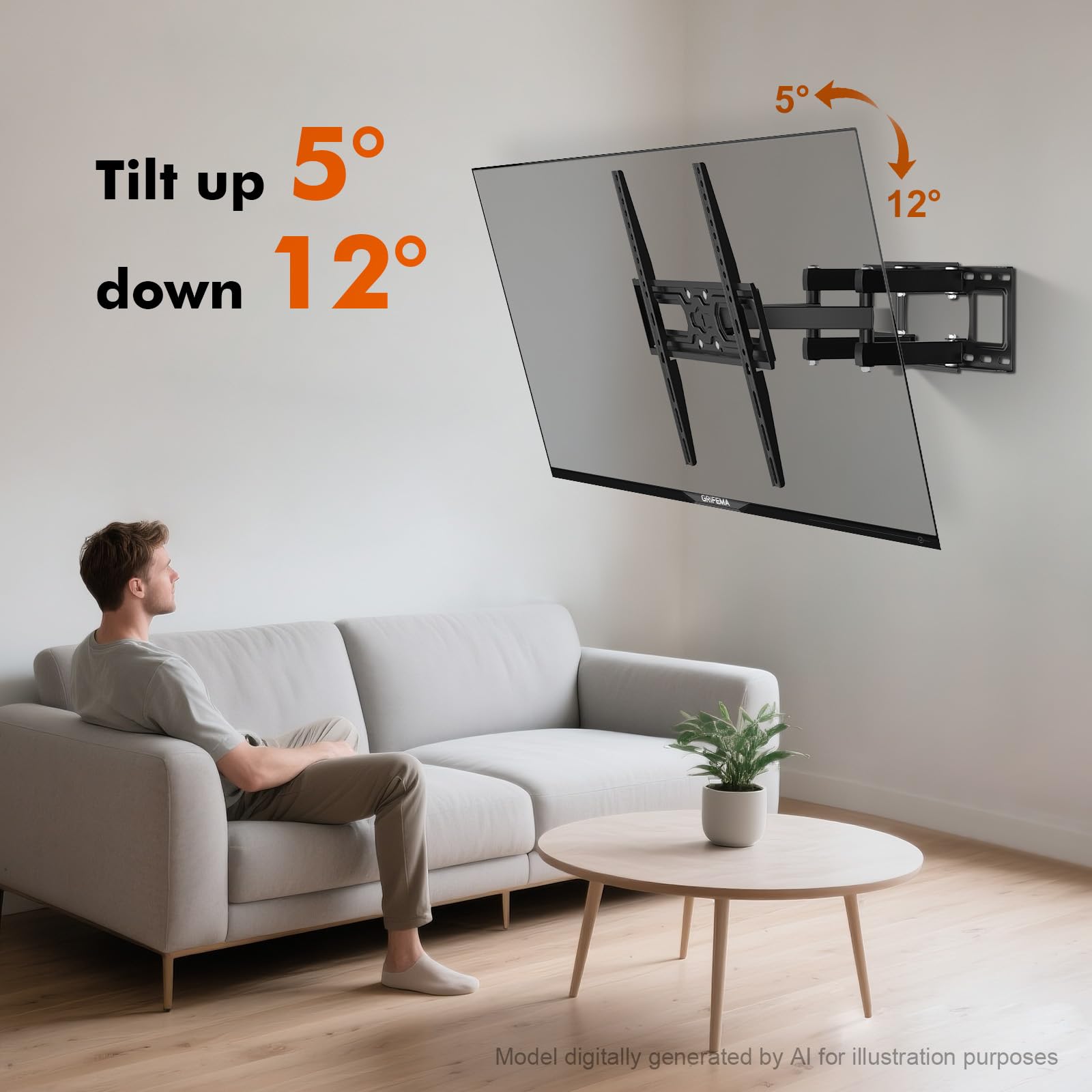 GRIFEMA GB1006-4 Support Mural TV 26-65 Pouces, Fixation Murale TV Contenir Jusqu'à 35KG, Accroche Television Mural Orientable,Inclinable et Extensible, Max Vesa 400x400mm pour Plat/Incurvé