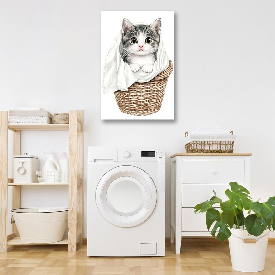 Cat Laundry Room Picture Canvas Funny Bathroom Wall Decor,Cat In The Laundry Basket Picture,Modern Home Art Print Decorations for Bathroom Hotel Laundromat,Gift for Mother Her,20"x30" Framed