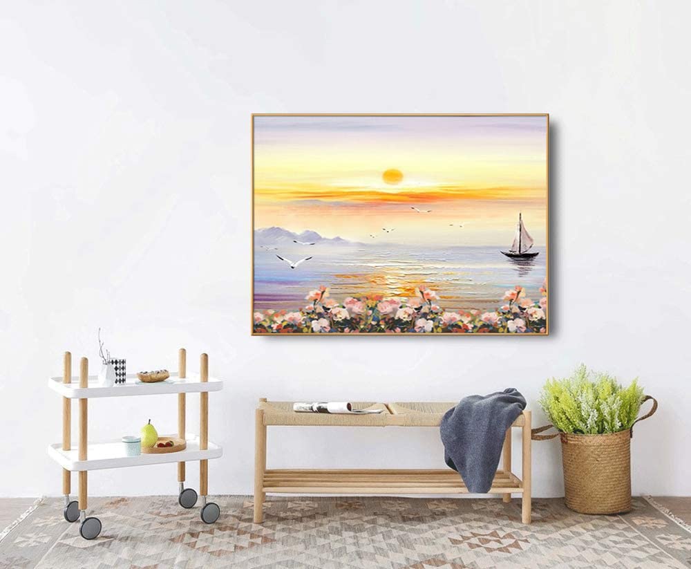 Amazon.co.jp: 海の夕日の風景 完全手描き油絵 3D立体 アートパネル