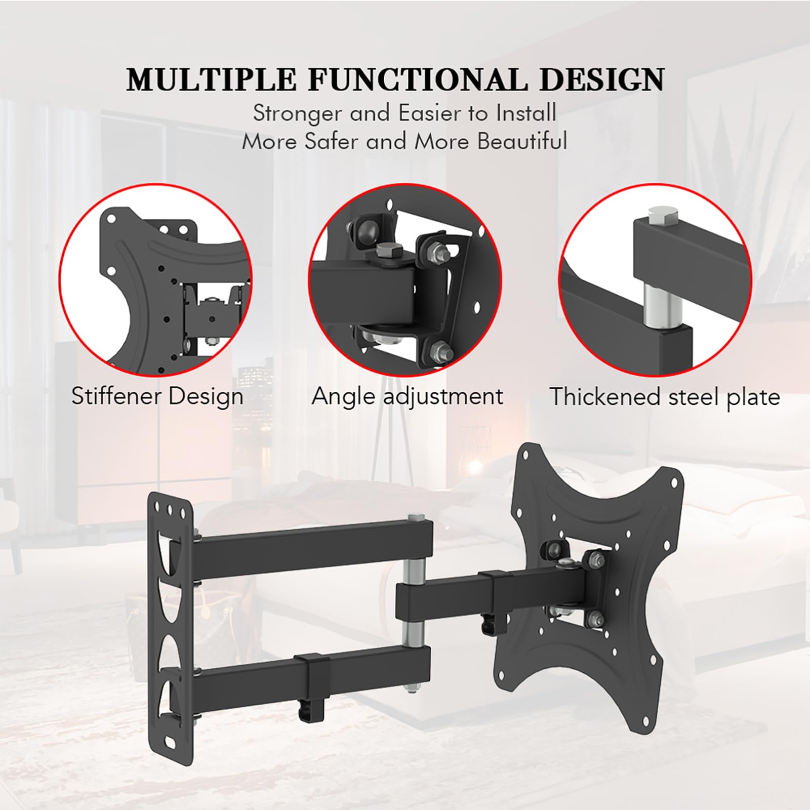Soporte Tv Pared Giratorio|Inclinable | HOLMIOS H55017, De 13 "a 42 ", 75x75 / 100x100 / 200x100 / 200x200, Negro