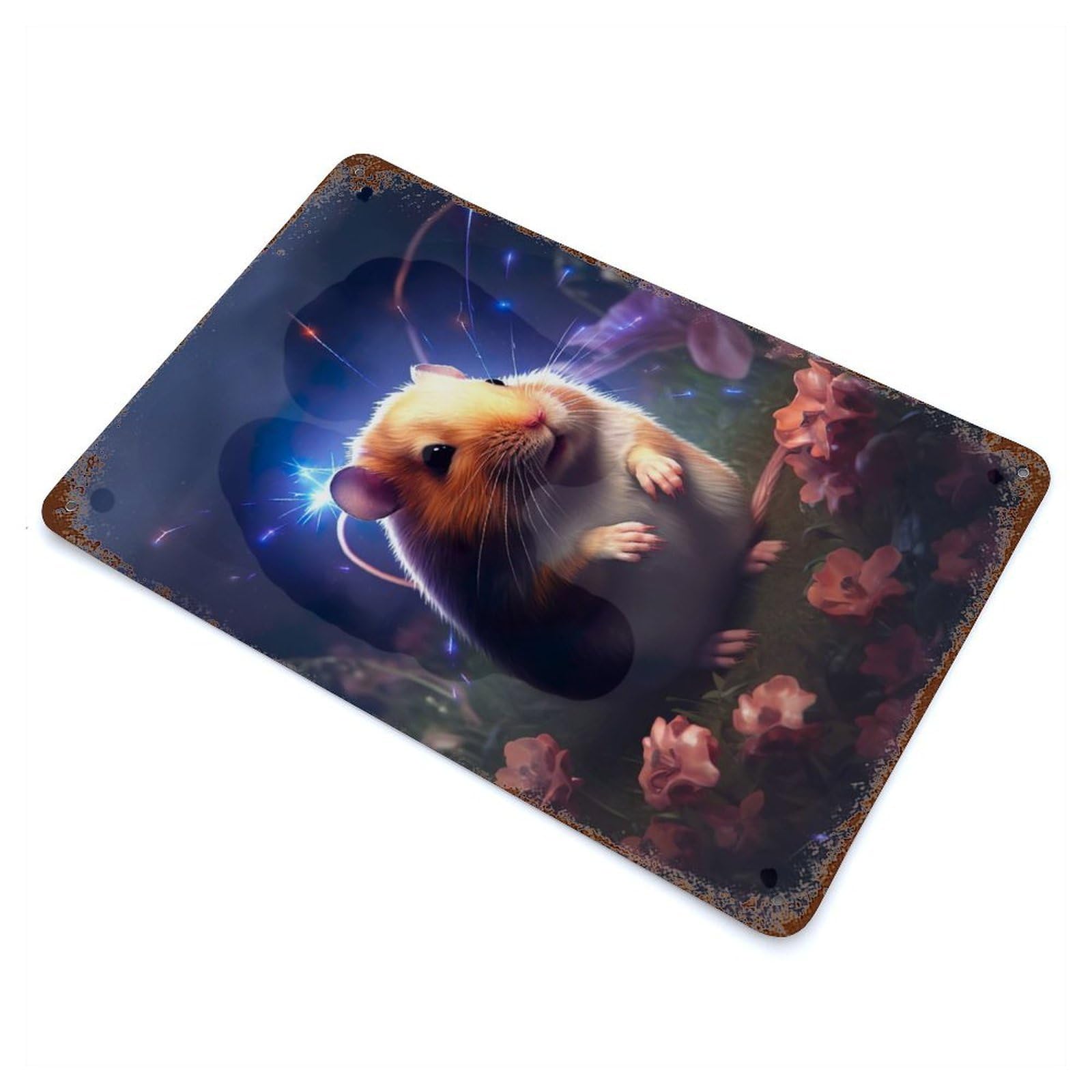 Weathered Tin Sign with Tiny Hamster on Mars Design 11.8"x7.9", for Basement, Hobby Room And Garage Decor, Industrial Home Decor