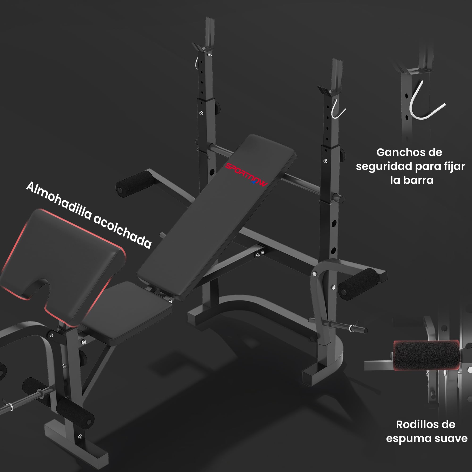 SPORTNOW Banco de Musculación Multifuncional Inclinable, Banco de Pesas, Press Banca con Soporte para Barra Ajustable, Extensión Piernas, Curl de Predicador, Mariposa, Entrenamiento en Casa, Gimnasio