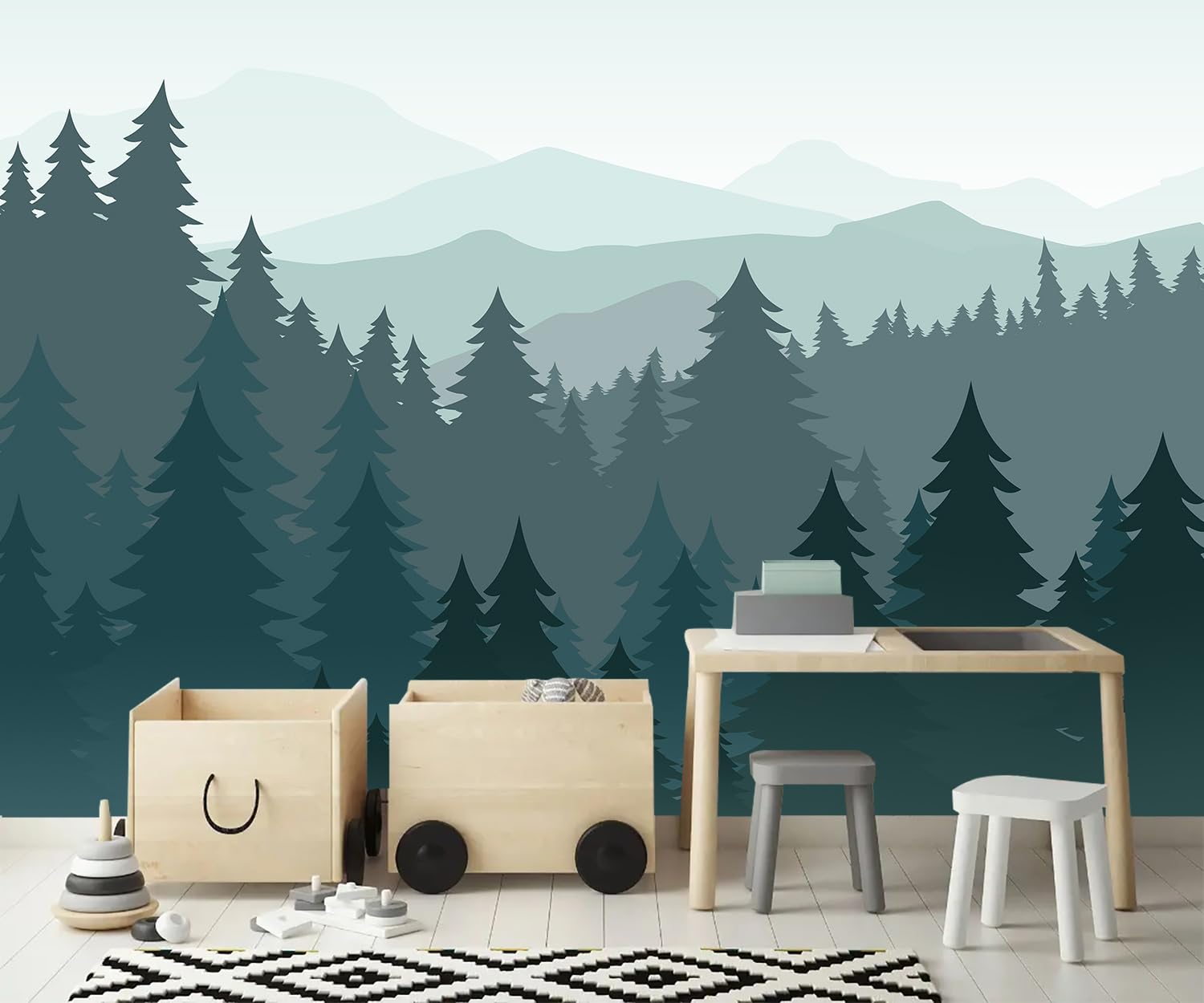 PYFFYP- Blue Watercolor Pine Forest Wallpaper murals for Bedroom Living Room?Not Peel and Stick?