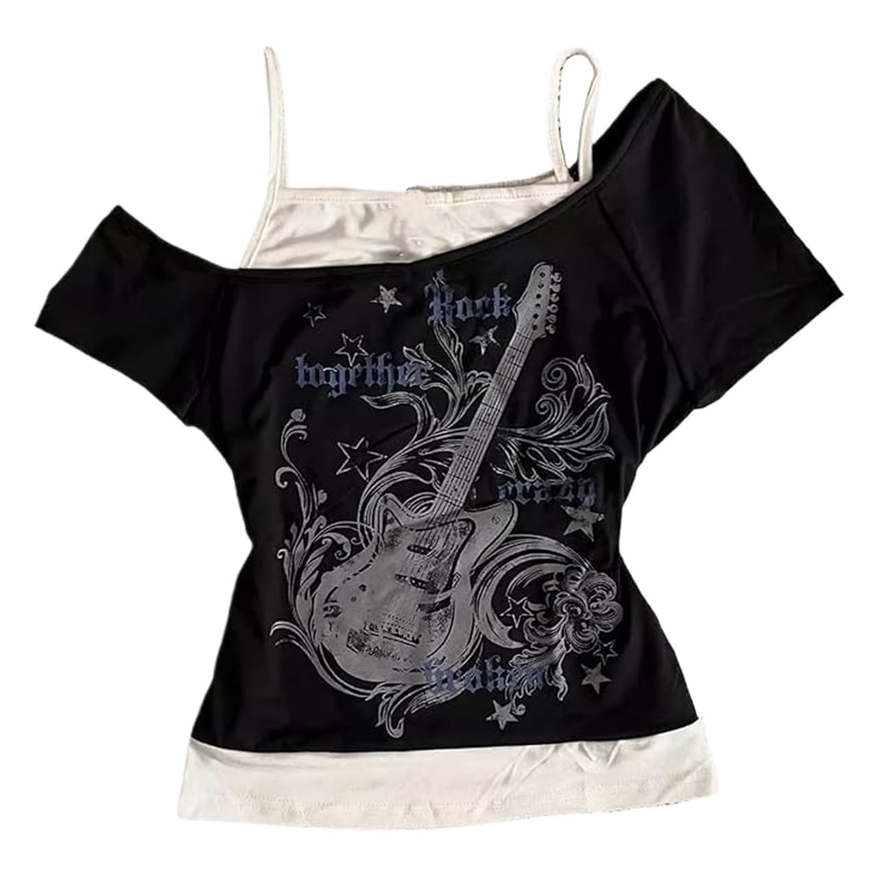 Emo Grunge Shirts Women 2000s Graphic Baby Tees Fake Two Piece Short Sleeve Vintage Y2k Crop Top Goth Alt Clothes