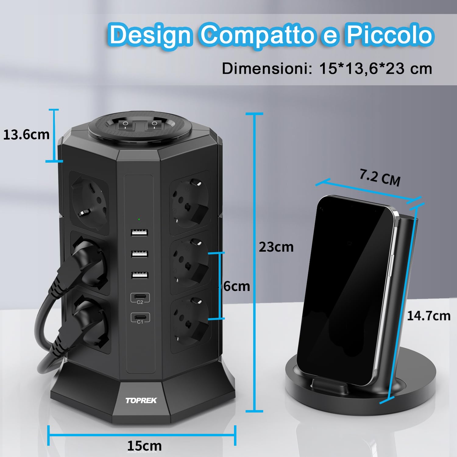 TOPREK Ciabatta Multipresa Verticale con 12 Prese Universali ITA 10/16A e Schuko e 2 USB C(20W PD3.0 Ricarica Rapida) e 3 USB A, Protezione Sovratensione, 4000W/16A, 2 Interruttore, 2M Cavo, Spina 16A