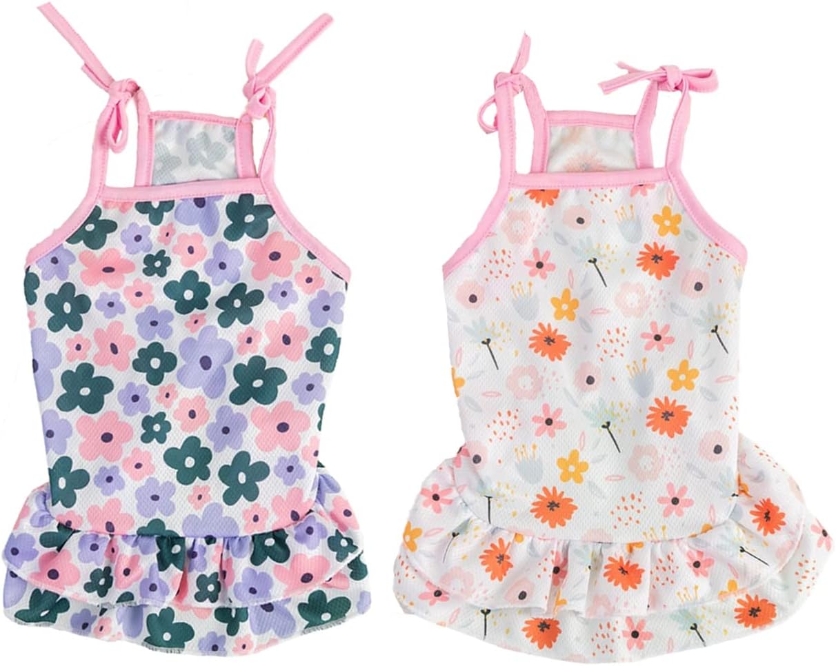 2PCS Pet Dress Set, Lovely Summer Fruit Dog Dress Puppy Clothes Dog Skirt Dress Cats Clothes for Small Dogs Cats(Flower Set,L)
