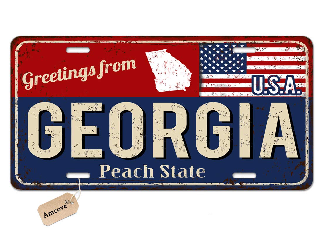 Amcove License Plate Greetings from Georgia Vintage Rusty Metal Sign with American Flag Aluminum Metal License Plate Car Tag Novelty Home Decoration for Women Girls Men Boys,6 X 12 Inch