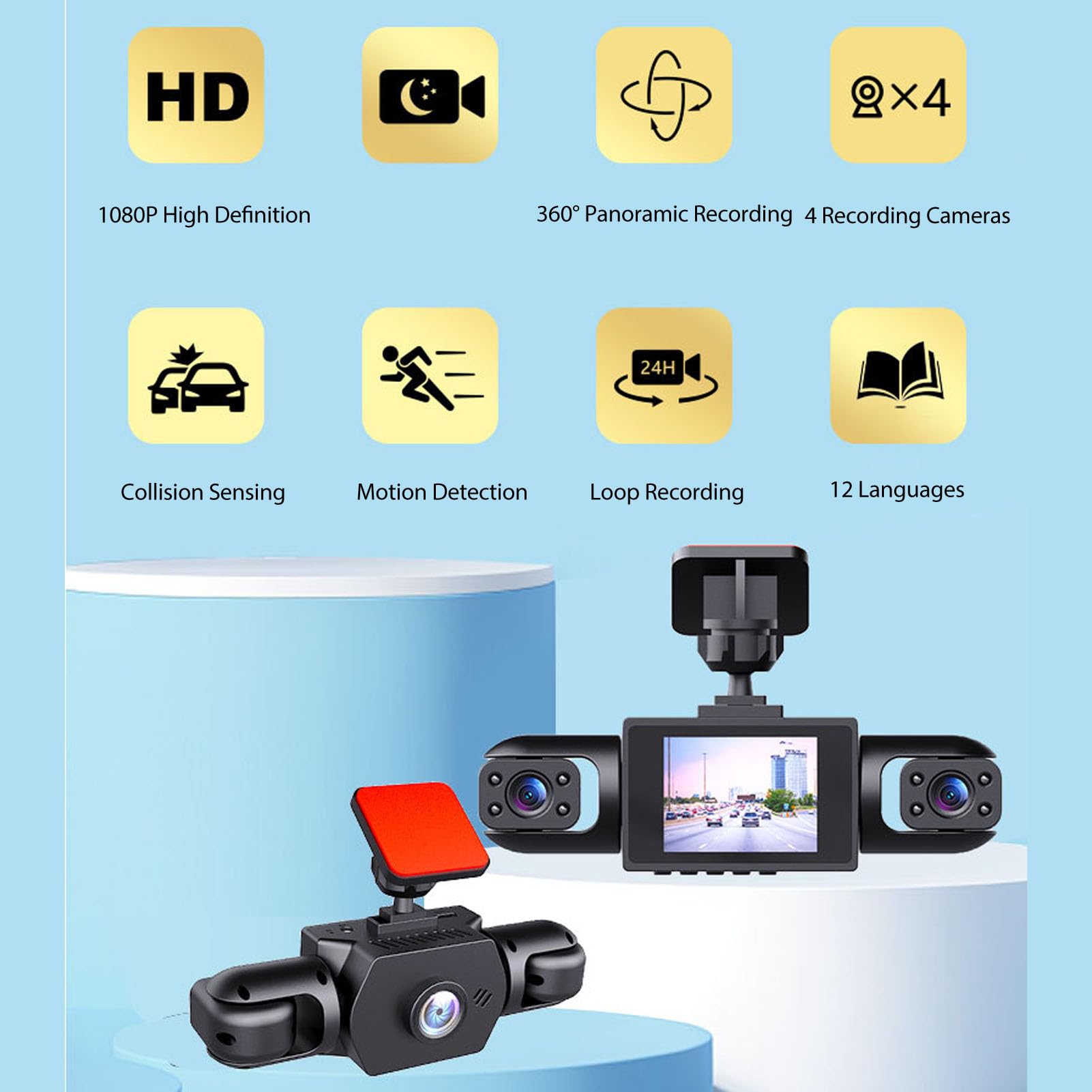 Dash Cam 4K a 4 Canali, Registrazione Frontale Posteriore 1080p, Visione Grandangolare a 360°, Registrazione in Loop, Protezione Continua, per Camion SUV (64GB)
