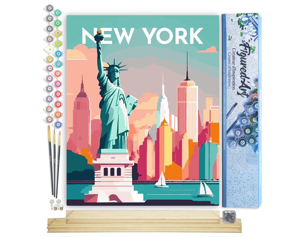 Figured'Art Paint by Number for Adults Travel Poster New York 40x50cm - Craft Art Painting Rolled Canvas with DIY Wooden Frame
