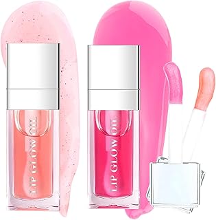 Lip Oil 2 Piece Set Moisturizing Lip Glow and Plumping Lip Oil with Cherry Oil Long-Lasting Lip Care Lip Glow Oil Color Reviver Moisturizing Non-Sticky Lip Oils Tinted Large Brush Head Shiny Tinted