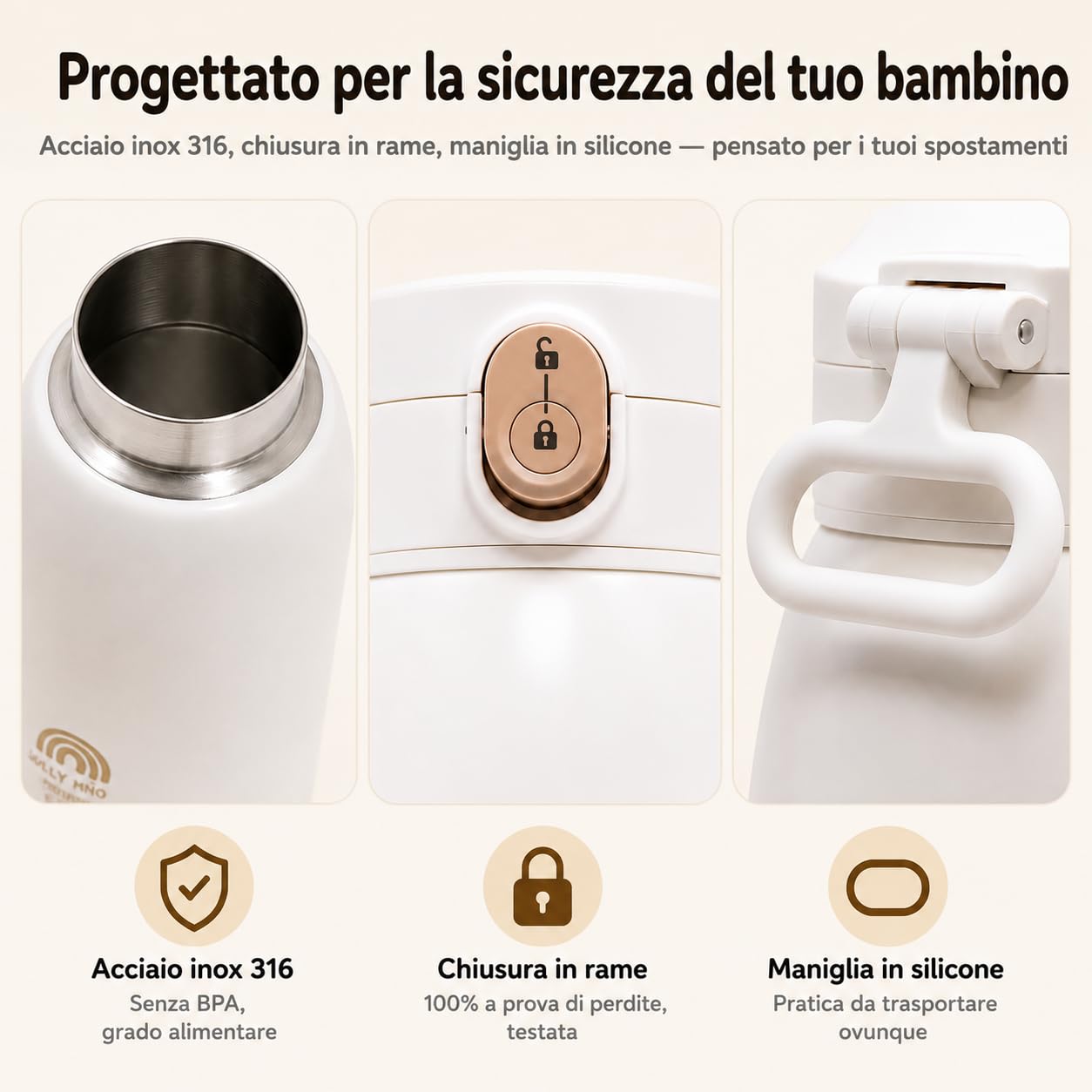 Scaldabiberon Portatile Senza Fili 500ml, Acciaio Inox, Temperatura Regolabile 35-55°C, Acqua e Latte Materno, Viaggio/Auto/Notte, Spazzolino Incluso, Design Dorato Premium