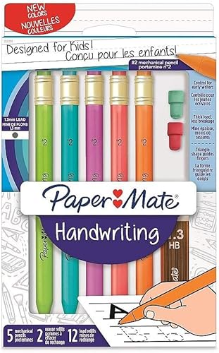 PaperMate Handwriting 5 lápices mecánicos #2 0.051 in plomo 2 recambios de borrador 12 repuestos de plomo