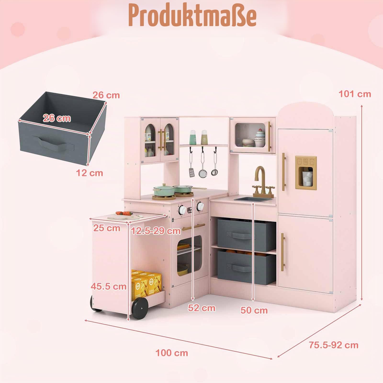 HOMASIS Eck Kinderküche Holz, Spielküche mit Licht & Sound, Spielzeugküche mit Spüle Herd Ofen Eismaschine Mikrowelle Kühlschrank, inkl. Arbeitsplatte, Zubehör & 2 Körbe, für Kinder ab 3 Jahren (Rosa)
