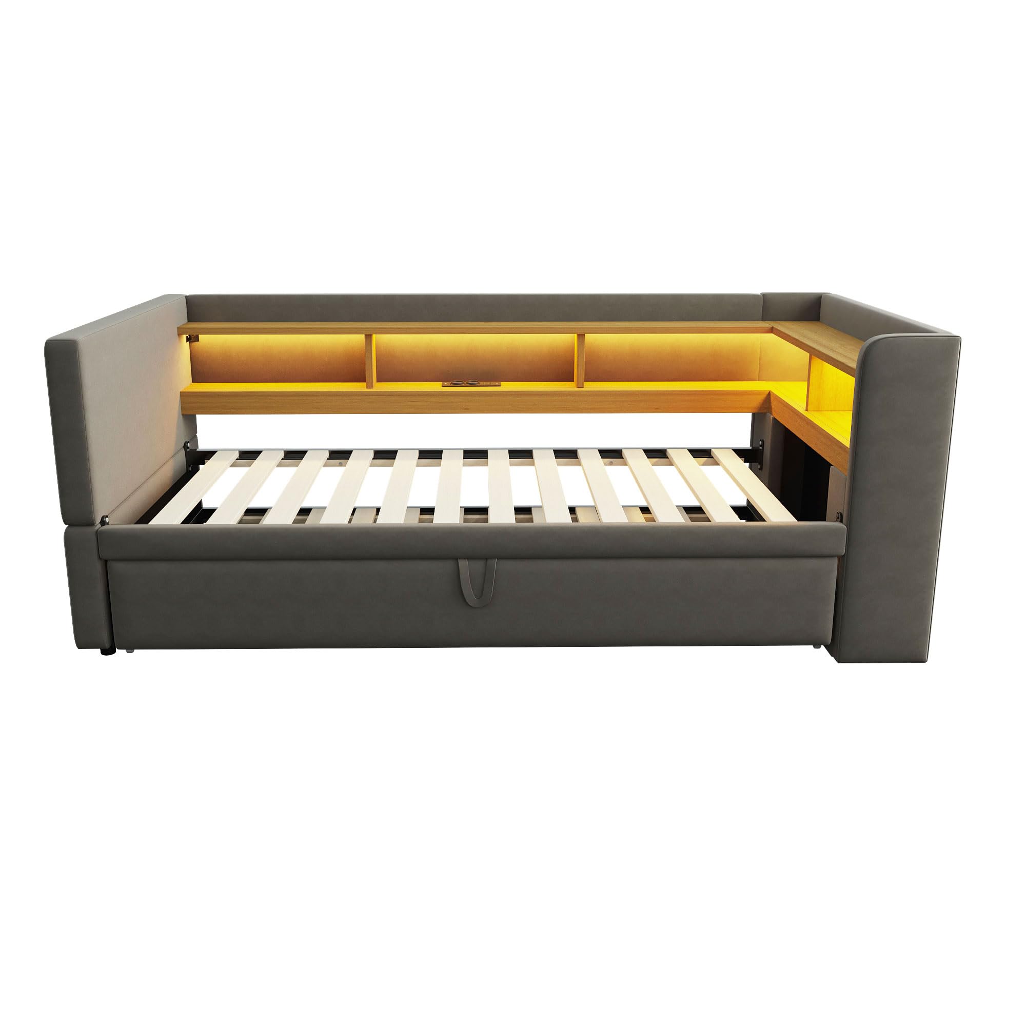 Divano Letto Estraibile 90/180 * 190cm, Letto Imbottito con Luci a LED e Prese USB, Numerosi Vani Portaoggetti Laterali, Multifunzione Lettos Singol, Grigio Scuro