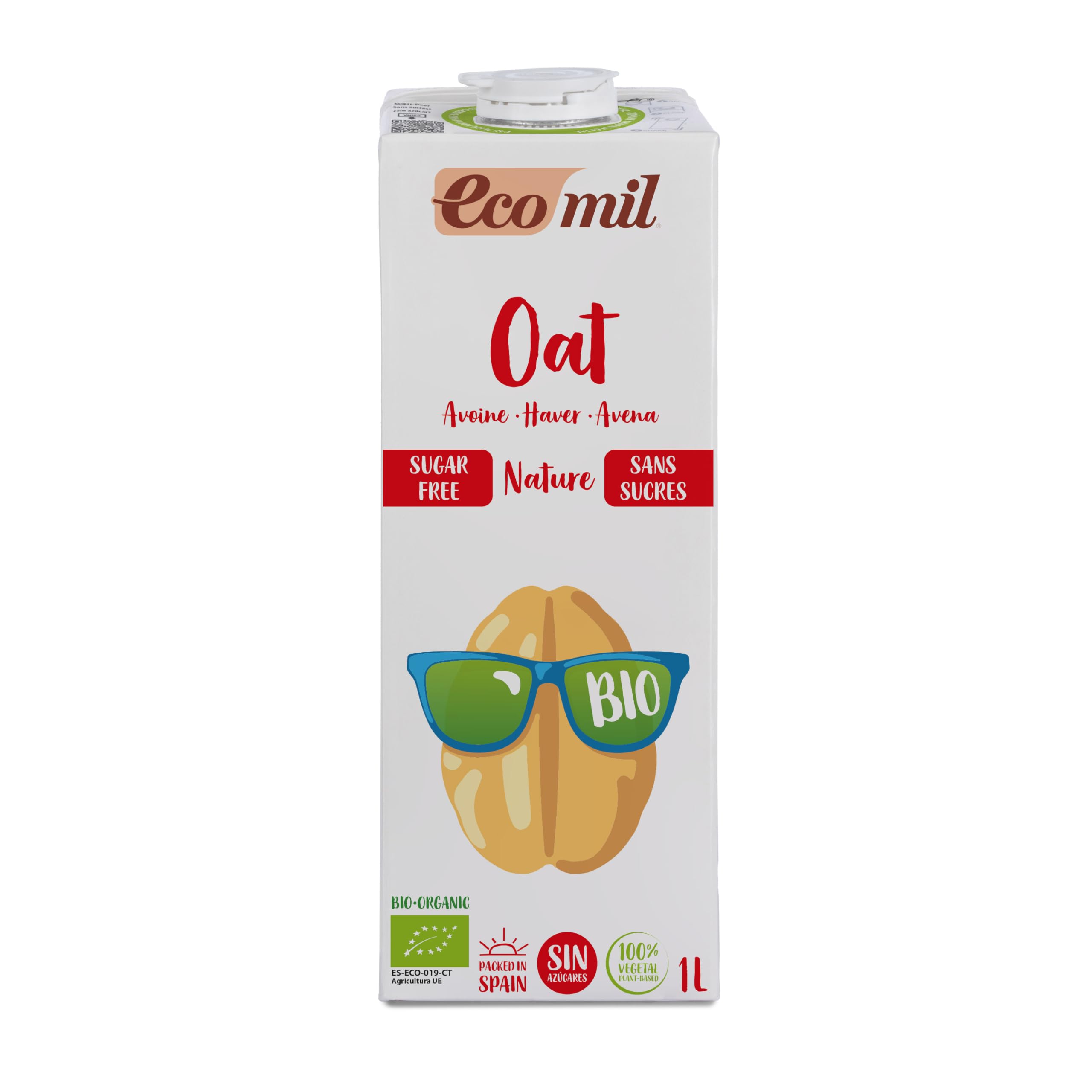 Ecomil - Bebida de Avena Bio 1 L, Sin Azúcares Añadidos ni Edulcorantes, 100% Vegetal, Sin Lactosa, Alternativa a la Leche de Vaca, Ideal para Café, Desayunos y Recetas Saludables