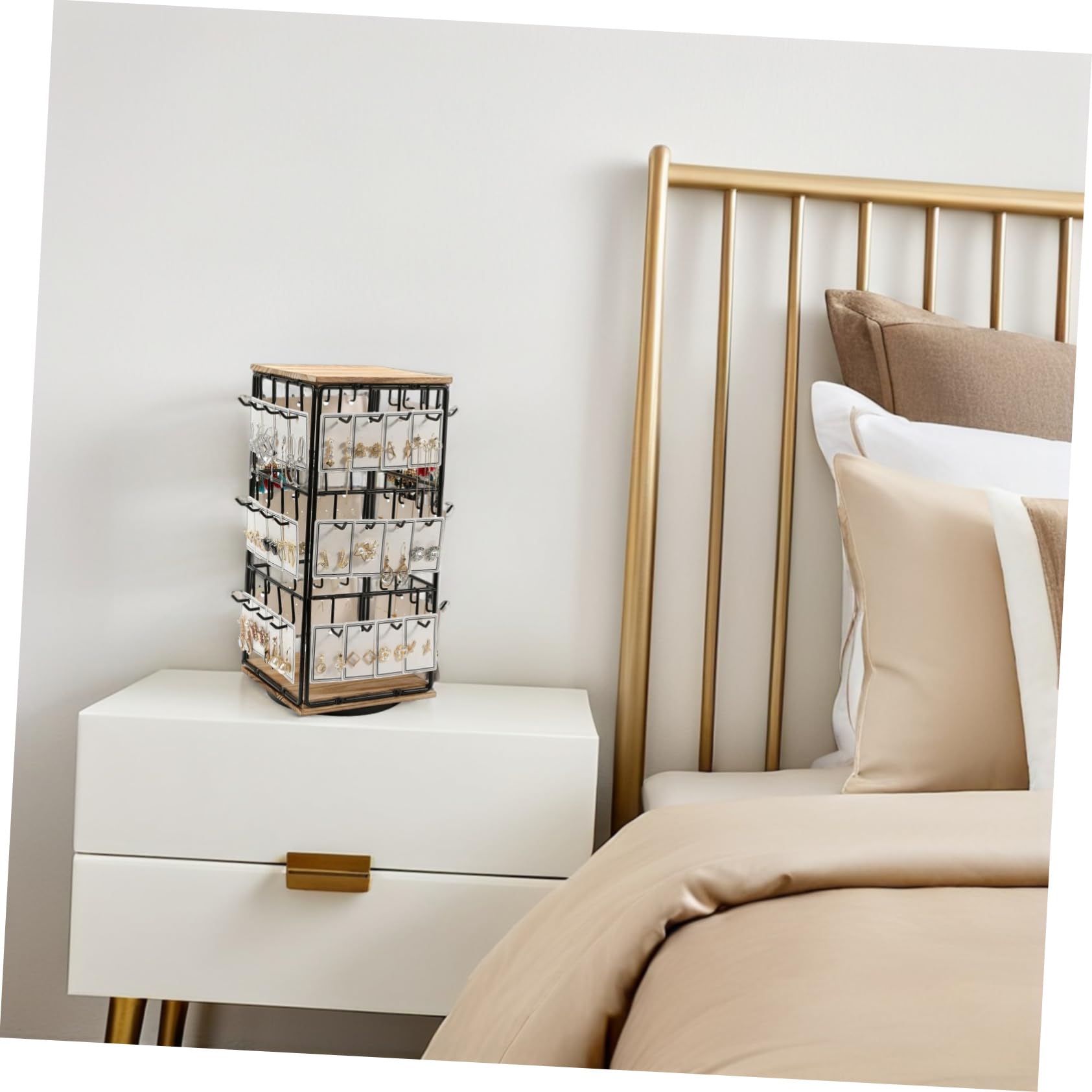 Espositore Organizzatore Multifunzionale Design Rotante a 360° in Legno Marrone per Orecchini per Gioielli e Anelli per Decorazione Casa e Vanity