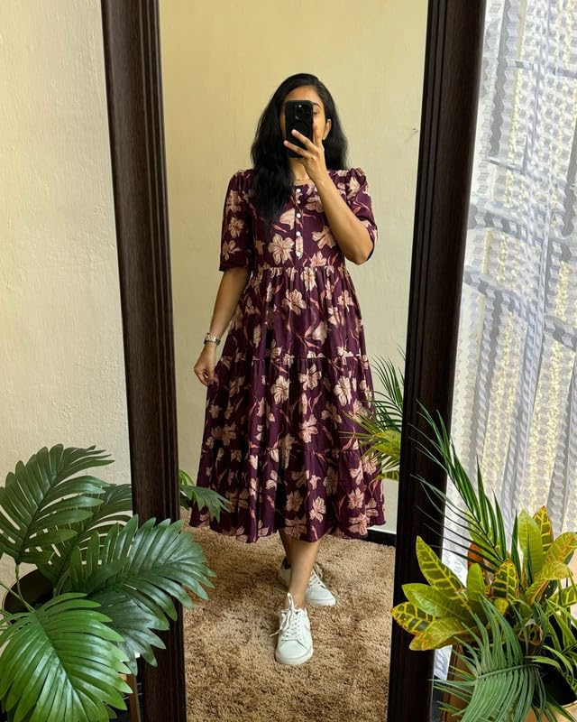 Image of Floral Midi Dress for Women - Summer Boho Dress, Lightweight & Breathable, Elegant Floral Print, Casual & Vacation Outfit, Comfortable Flowy Dress for Women
