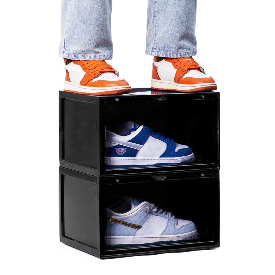 SNEAKARE Stackable Shoe Storage Box | Heavy Duty Plastic Sneaker Crate with Magnetic Door | Shoe Organizer for Men & Women | Fits Upto UK 14 | Durable Shoe Storage Box Black Pack of-2
