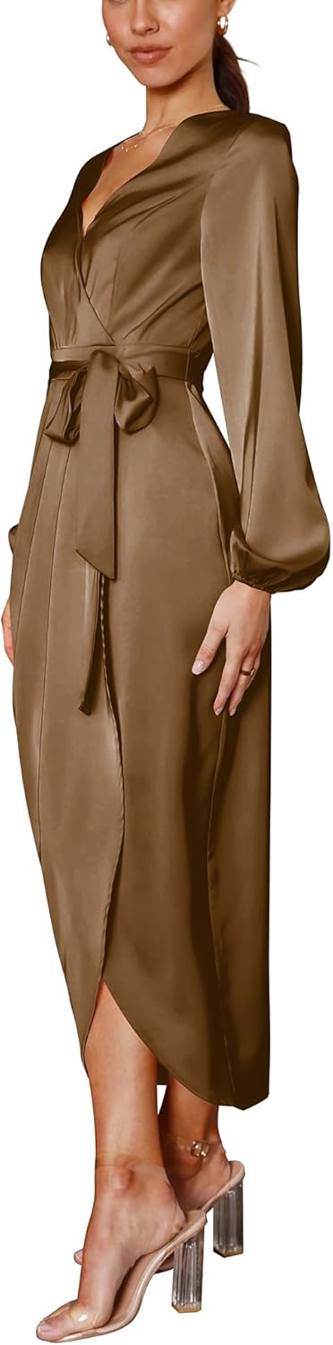 Cosonsen Women's Long Sleeve V-Neck Tie Waist Split Formal Cocktail Wedding Guest Dresses - Image 3