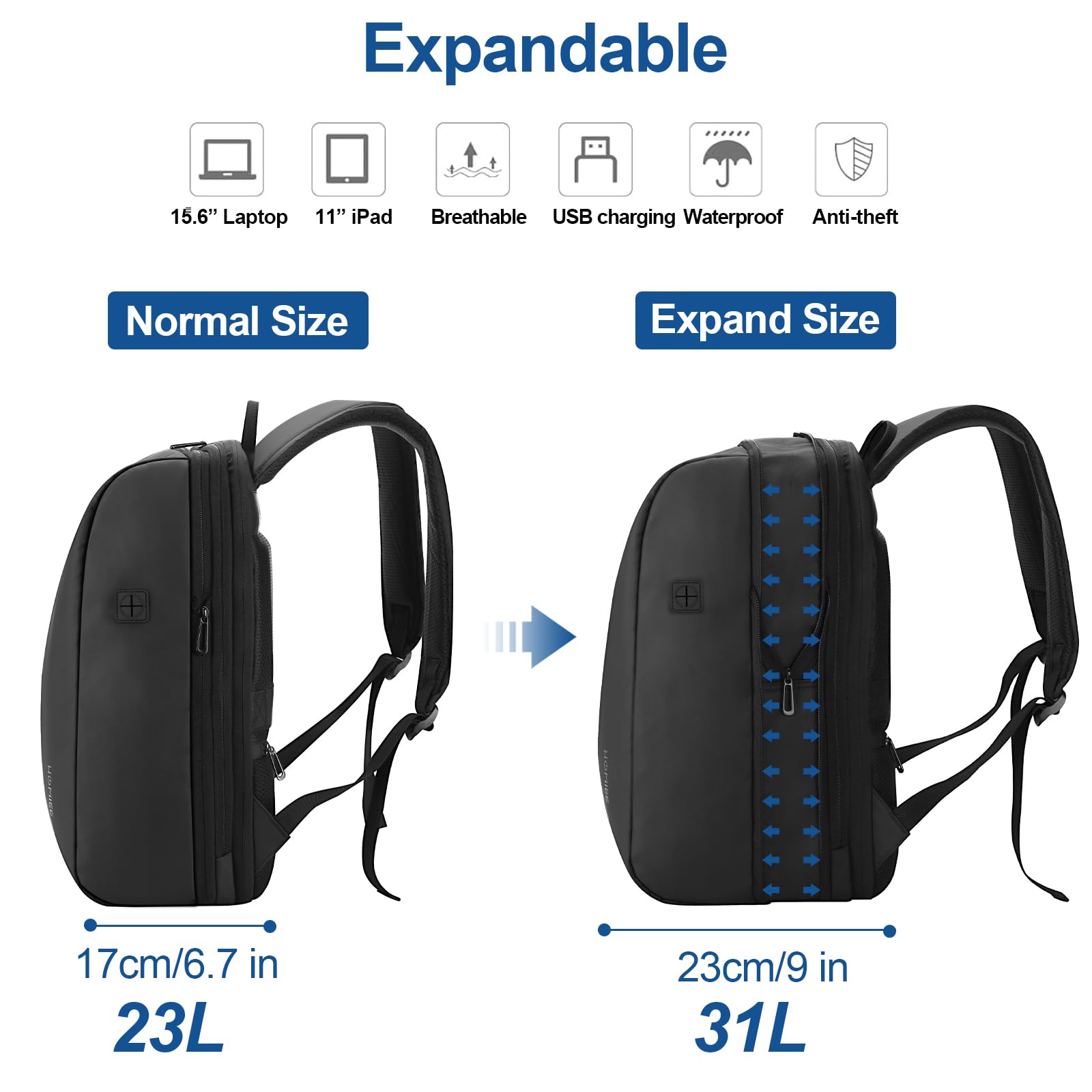 HOMIEE Mochila Antirrobo para Portatil Impermeable Mochila de Viaje de Negocios Expandible Mochila de Trabajo Mochila para Laptop 15,6 Pulgadas Bolsa de Viaje con Carga USB
