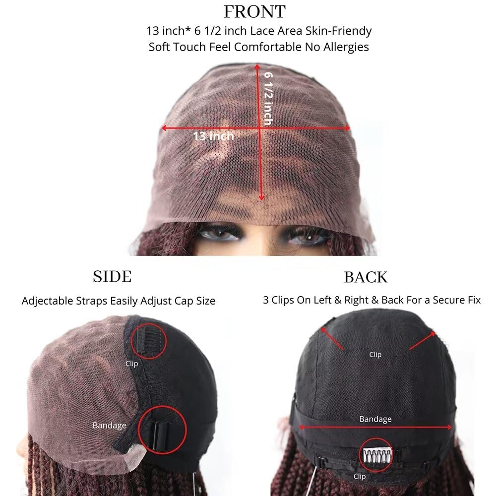 Afro Box Braided Lace Front Wigs For Black Women with Baby Hair Knotless 34" Long Braids Synthetic Lace Frontal Lightweight Glueless Cornrow Micro Twist Braiding Hair #T1B/BUG #Black/Burgundy T