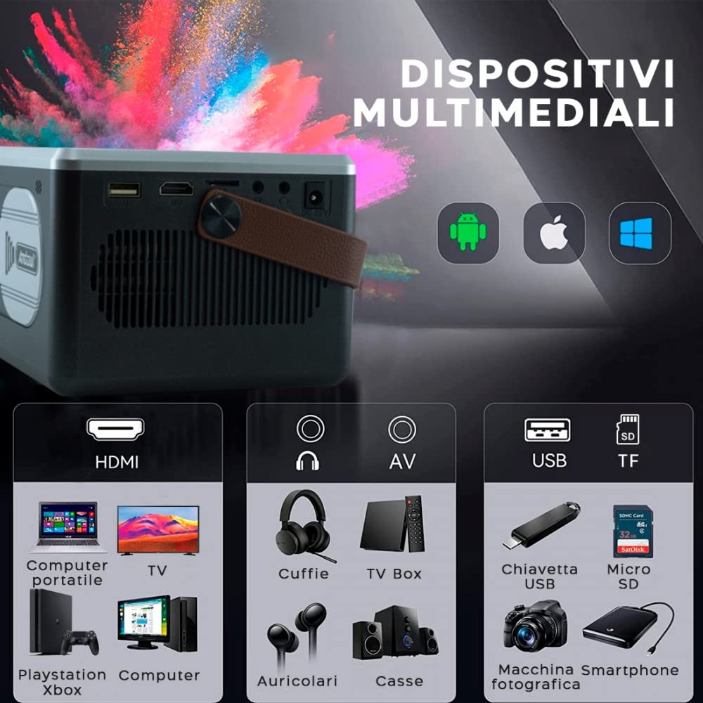 Mediawave Store - Videoproiettore Portatile 1080P ad Alta Definizione HD Lettore Multimediale Compatibile HDMI, Video, Film, Serie TV, Foto, Musica, Partite, Cinema