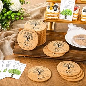25 sets family reunion favors include a family is a circle of love cork coaster absorbent cork mat with cards and organza gift bags for reunion gathering party gift  urban country home decor