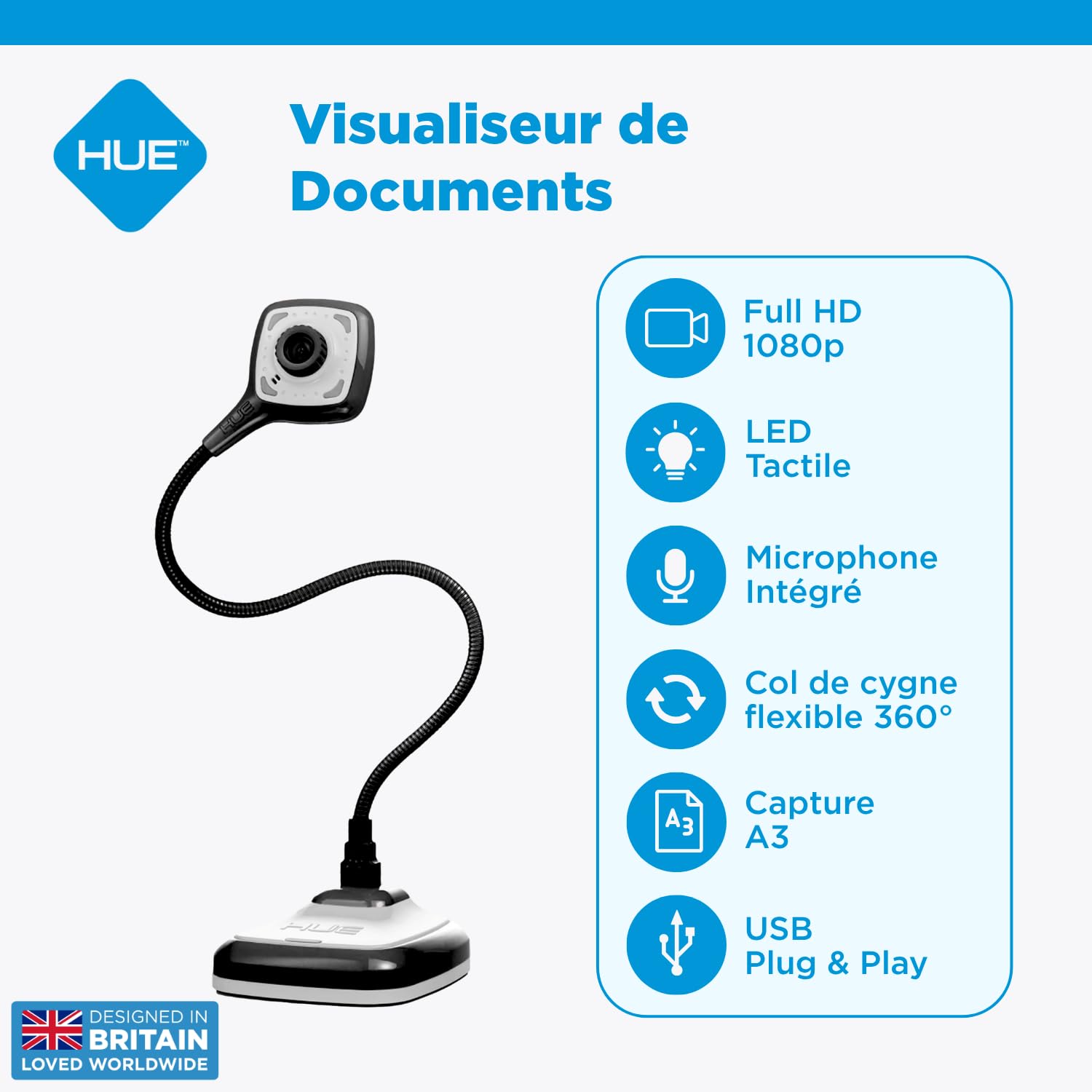 HUE HD Pro Visualiseur de Documents Caméra USB Flexible Visioconférence Noir avec Etui de Transport