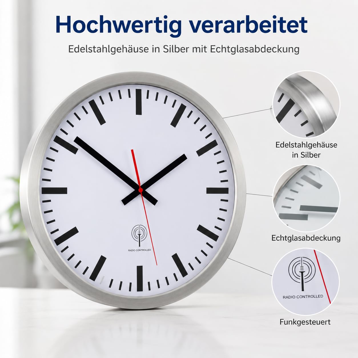 Eurotime 56862-07 radiowy zegar ścienny, 40 cm, srebrna obudowa ze stali nierdzewnej, prawdziwe szkło, tarcza stacji, automatyczna zmiana czasu, zegar ścienny do salonu lub