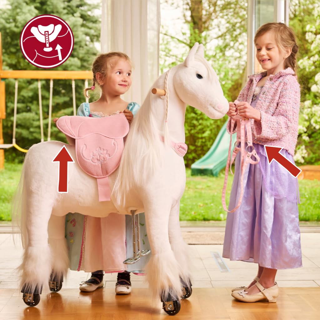 PONNIE Reitpferd mit Rollen Tiara M für Kinder 5-12 Jahre (50 kg) – Ohne Batterie – Mitwachsend Dank höhenverstellbarer Steigbügel – Kämmbar mit abnehmbarem rosa Sattel – Für drinnen&draußen – 107 cm