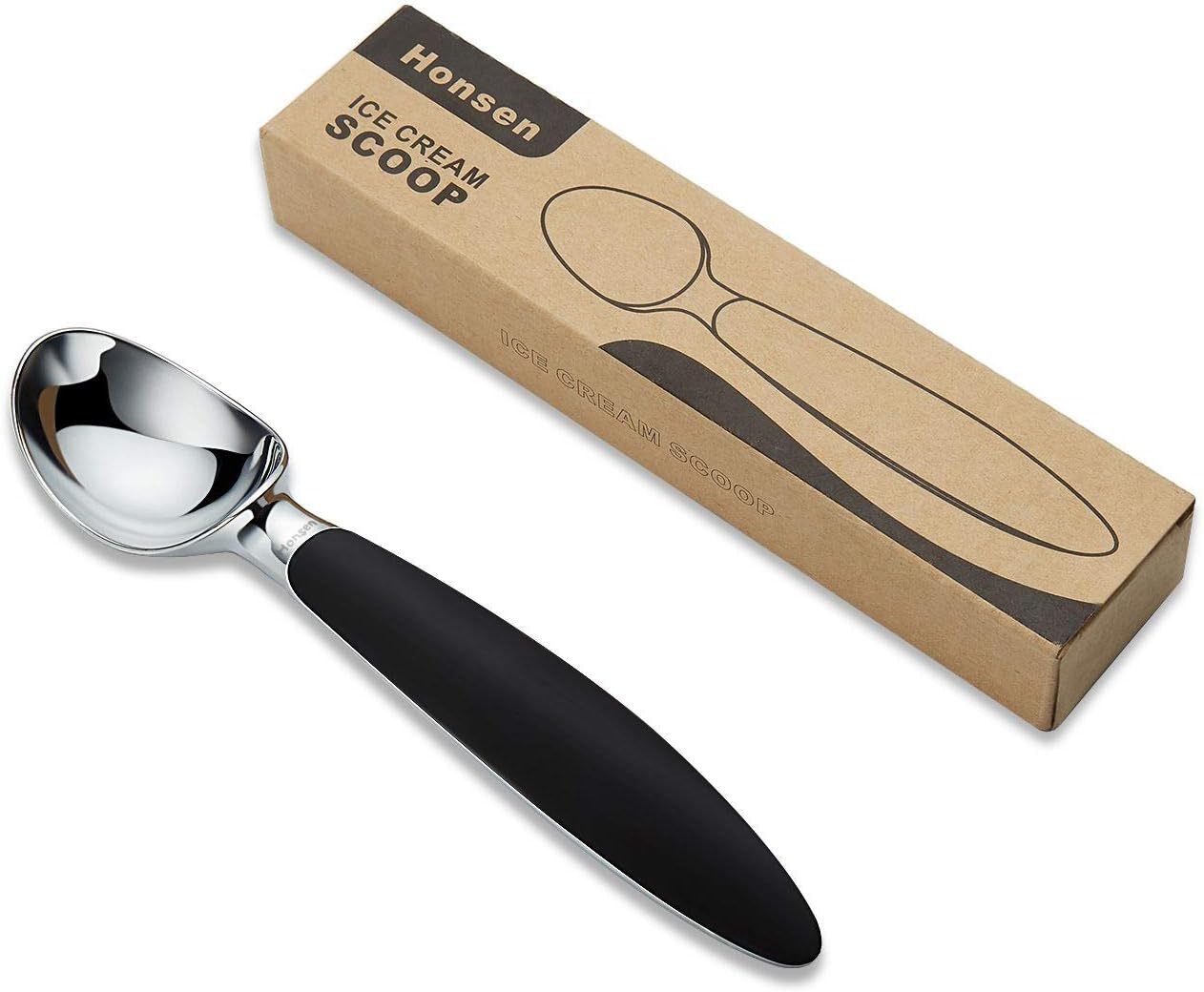 Honsen Stainless Steel Ice Cream Scoop With Non-Slip Rubber Grip,Black
