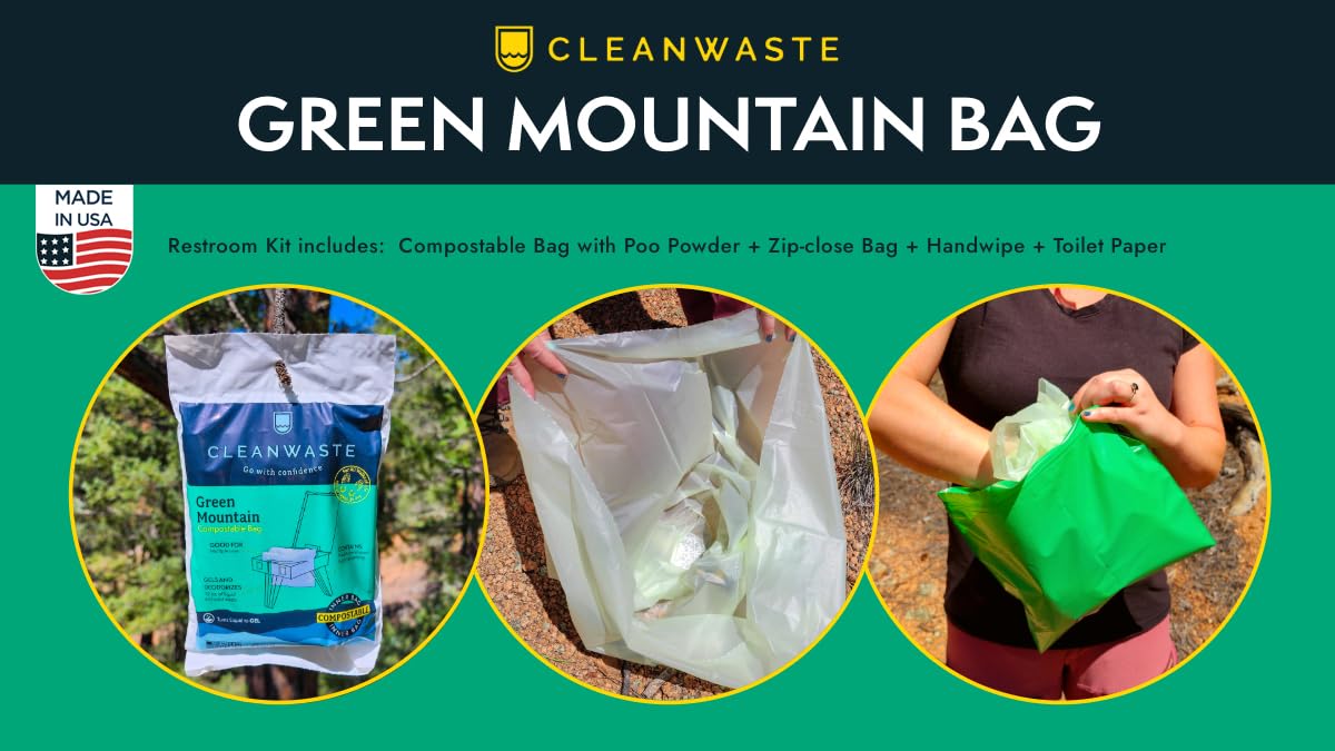Cleanwaste Green Mountain Kompostierbarer, tragbarer Kulturbeutel, kein Auslaufen, gelierendes Kotpulver mit Geruchskontrolle, Handwischtuch und Toilettenpapier (Camping, Wandern, Outdoor), 12 Stück