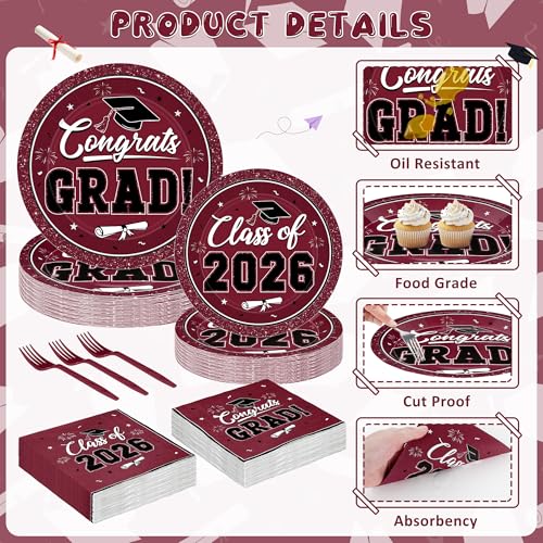 Image of QZYL 200Pcs Graduation Supplies Set, Burgundy Graduation Plates, Napkins, Dessert Plates and Plastic Forks, Disposable Grad Party Supplies for 50 Guests, Grad tableware for 2026 School Ceremony