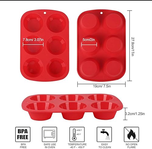 Miniatura 2 de GiFBERA Molde antiadherente de silicona para magdalenas, 6 cavidades (paquete de 2) tamaño estándar, sin BPA, apto para lavavajillas, rojo