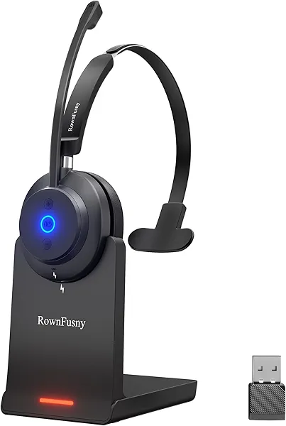 Rownfusny Wireless Headset with Mic for Work, Bluetooth 5.3 Headphones with Microphone, Headset with Microphone for PC, Wireless Headphones with Charging Base for Office, Call Center, Cell Phones