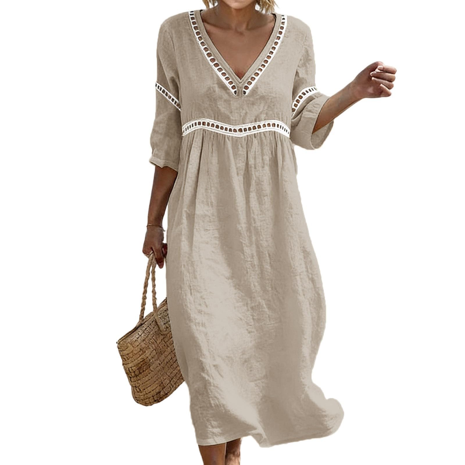 Vestido De Lino Verano De Las Mujeres Manga Corta Vestido Verano Vestidos Lino Midi Las Mujeres Algodón Blusa Vestidos Casuales Holgados Ligeros y fluidos para Roba Ligera y Elegante Playa Vacaciones