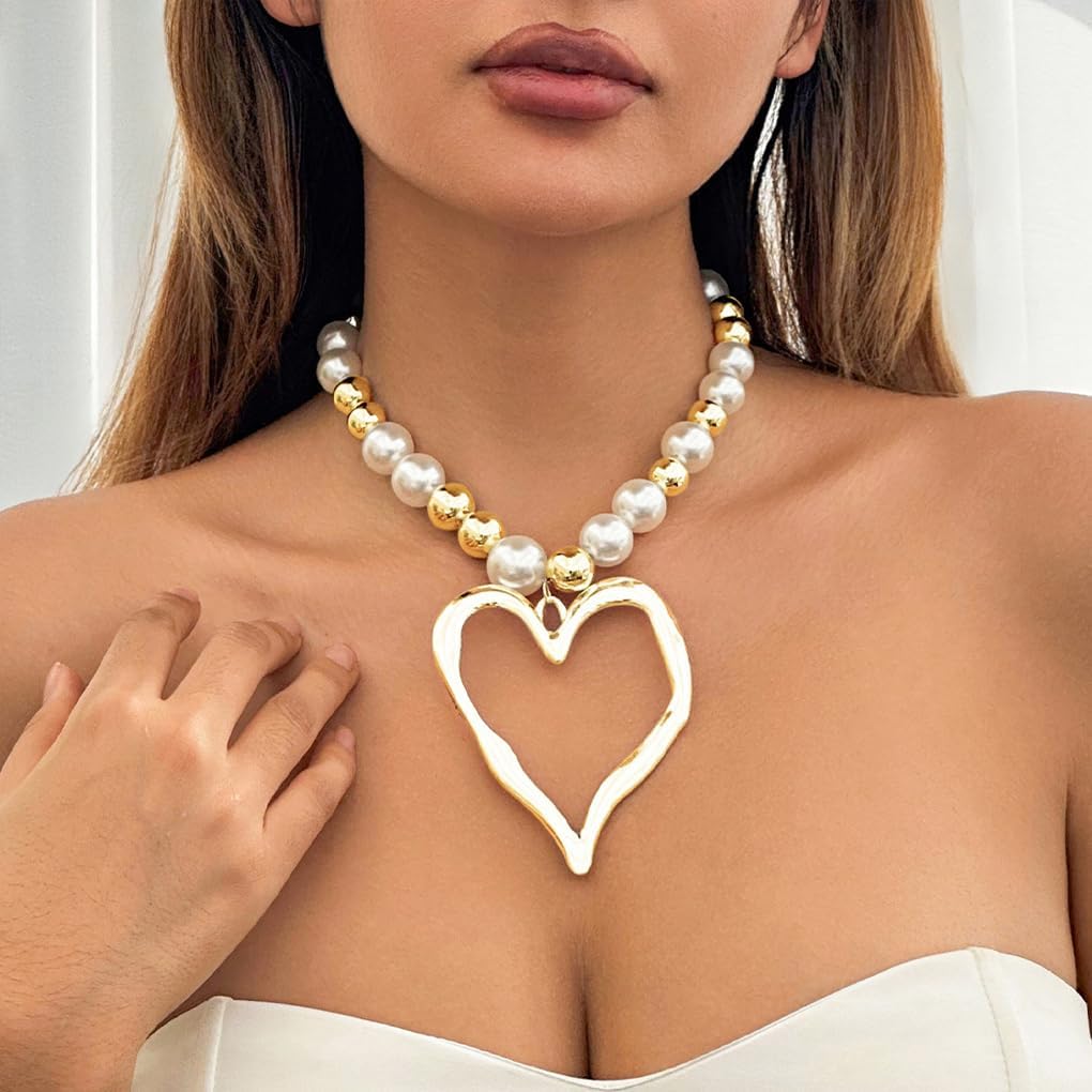 Exaggerated Heart Pendant Pearl Necklace,Charming Plated Gold Chunky Love Ball Statement Choker,Sweet Heart Beaded Collar Necklace for Women - Image 2