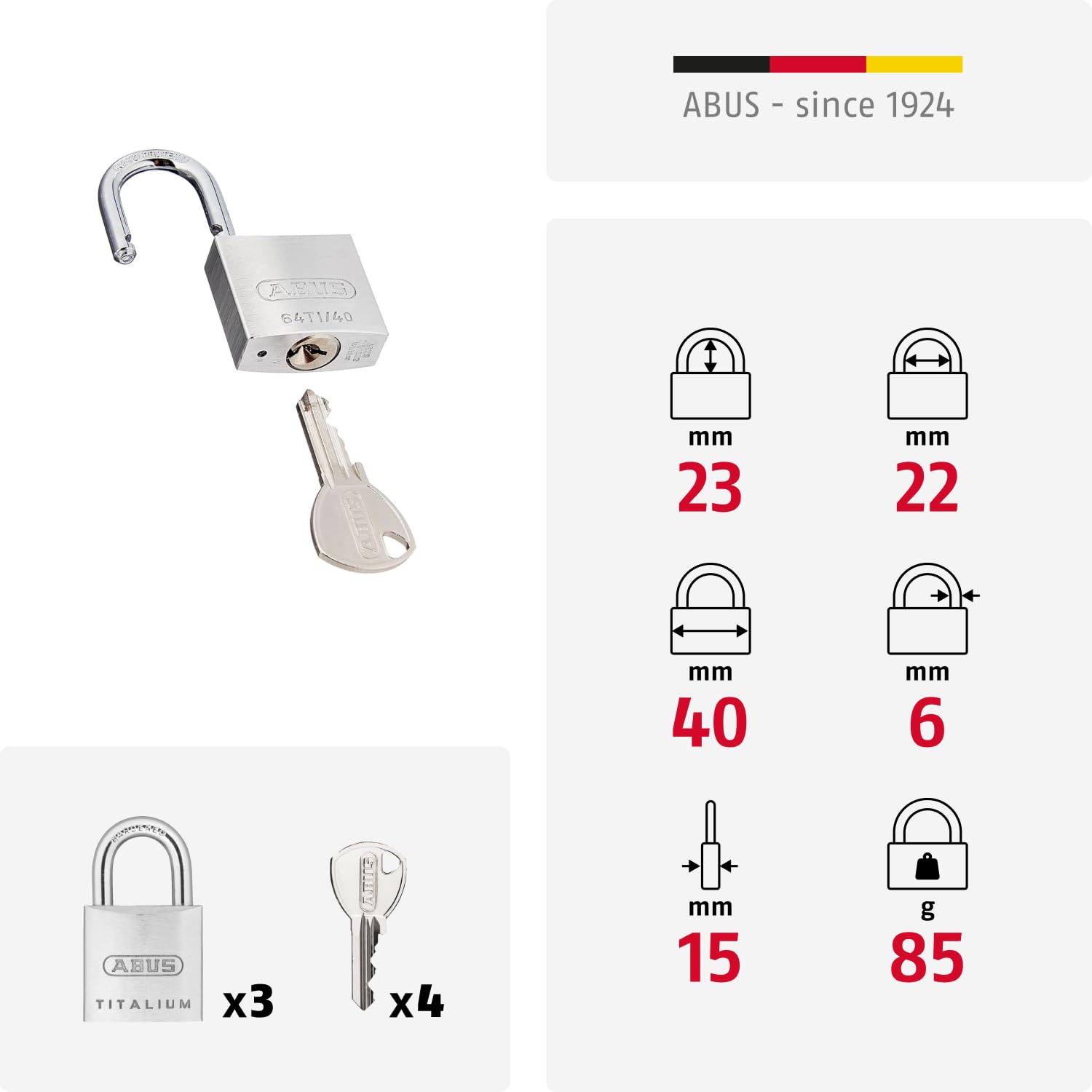 ABUS Candado Titalium 64TI/40 - Set de 3, Cierre Igualado