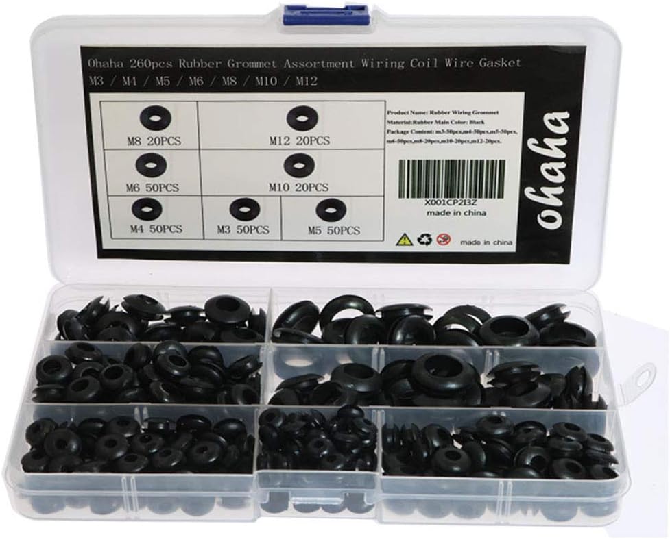 Ohaha 260pcs Rubber Grommet Assortment Wiring Coil Wire Gasket M3 / M4 / M5 / M6 / M8 / M10 / M12