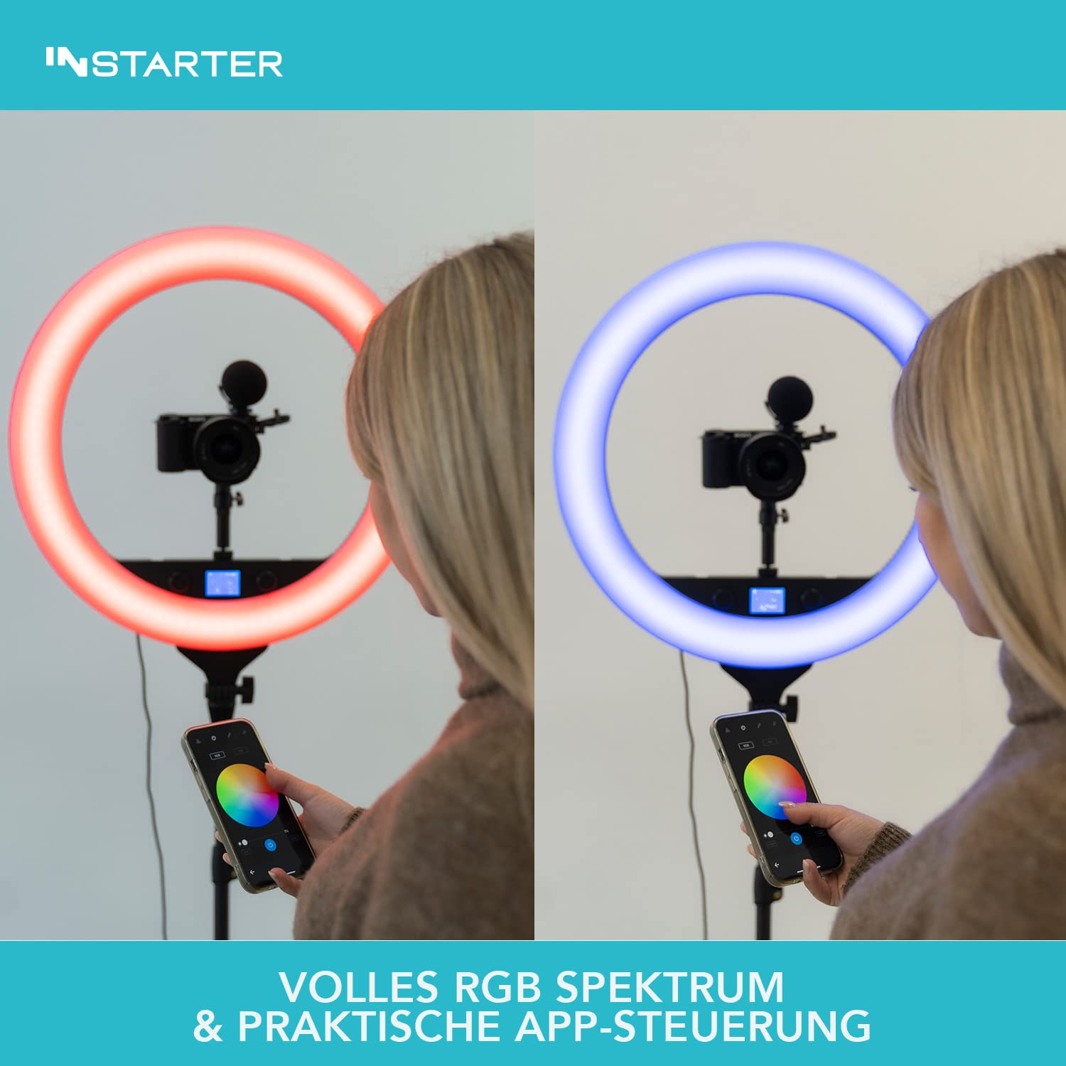 RGB LED Ringlicht mit Stativ, Ringleuchte 180° schwenkbar, Videoleuchte 60 W mit 360° Kugelkopf, Flexible Kamera Beleuchtung dimmbar